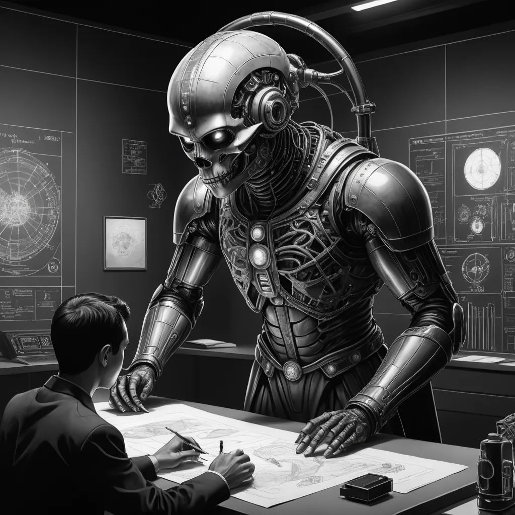a man sitting at a desk in front of a robot in a room with a lot of drawings on it, retrofuturism, cyberpunk art, Alejandro Burdisio, cybernetic