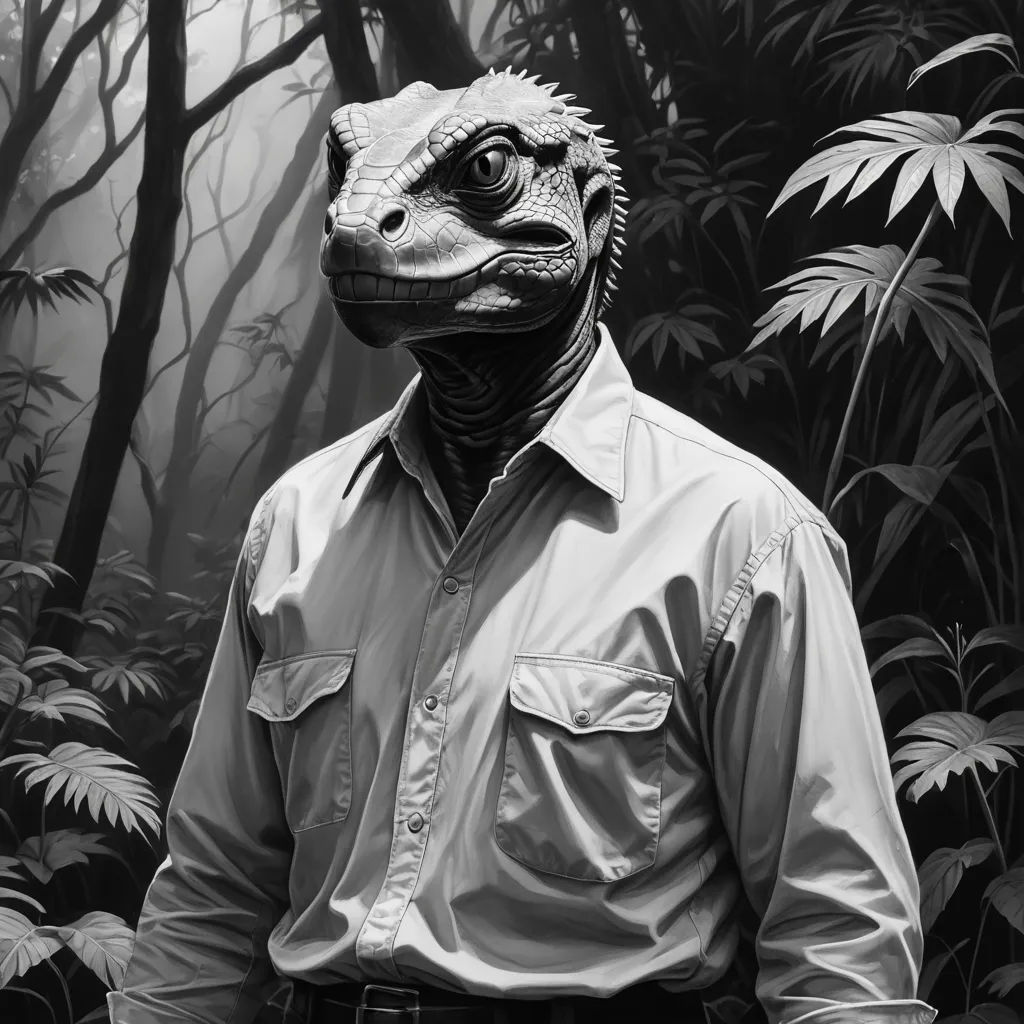 a man wearing a lizard mask in a jungle setting with trees and plants in the background, black and white, photorealism, an ambient occlusion render, Adam Rex, photoreal