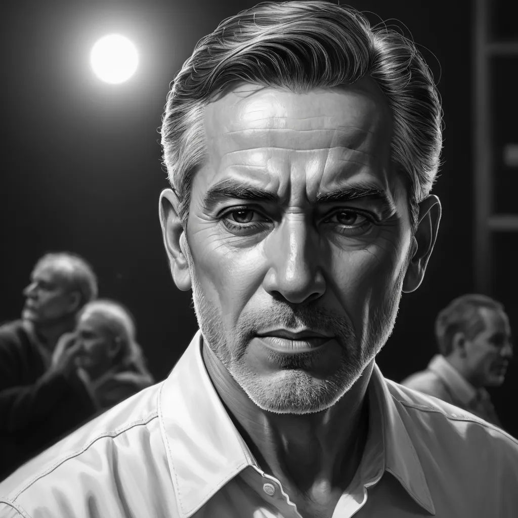 a man with a serious look on his face in a black and white photo with a group of people in the background, photorealism, an ultrafine detailed painting, Diego Giacometti, detailed portrait
