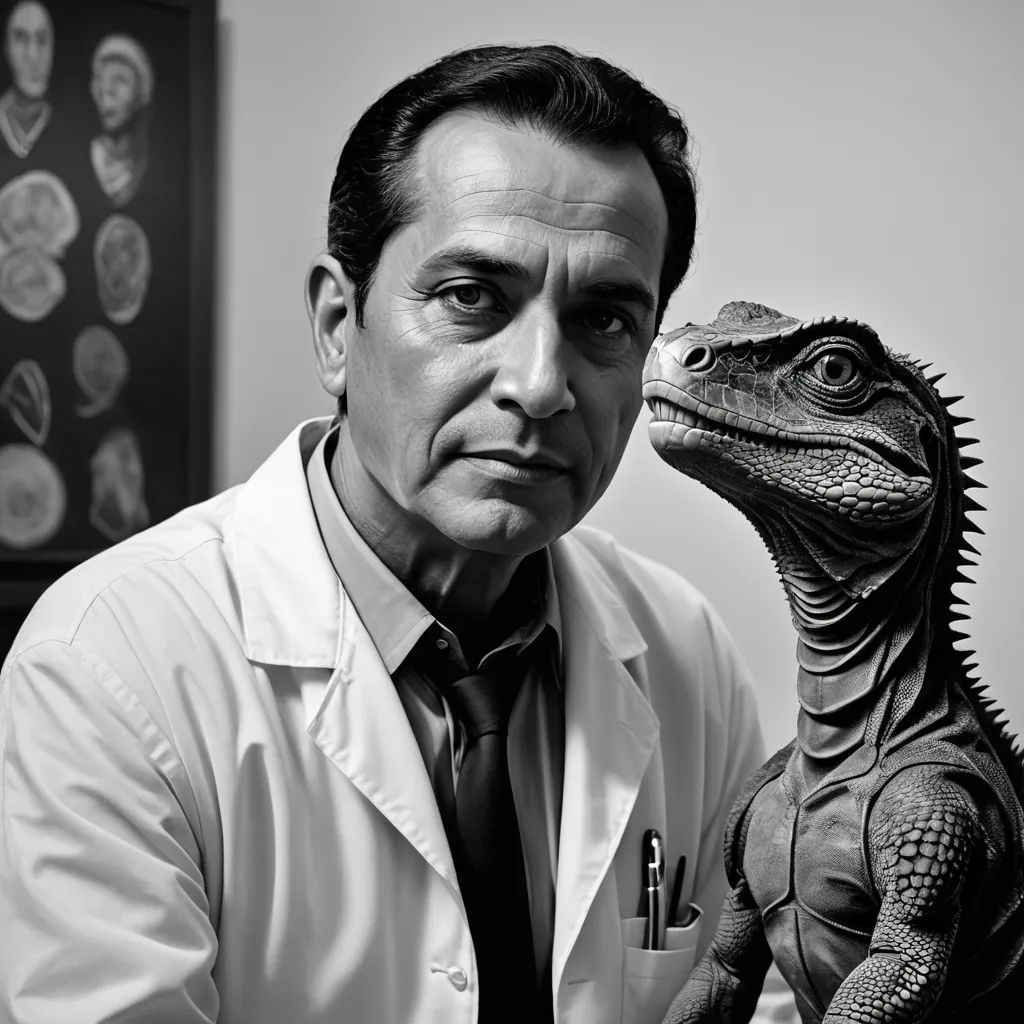 a man in a lab coat and tie next to a dinosaur statue in a room with a wall of portraits, academic art, a character portrait, Abidin Dino, ignacio fernandez rios