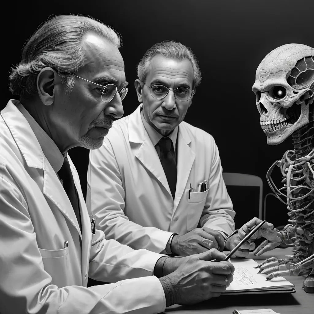 two men in white coats looking at a skeleton model on a desk with a pen and paper in front of them, assemblage, an ambient occlusion render, Ed Binkley, anatomical