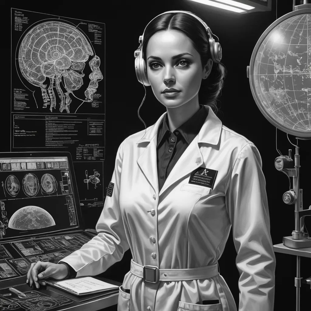 a woman in a lab coat standing in front of a computer screen with headphones on her ears and a map of the world behind her, retrofuturism, an ultrafine detailed painting, Donato Giancola, highly detailed digital painting