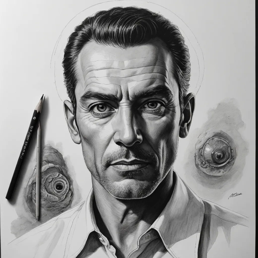 a drawing of a man with a beard and a shirt on and a pencil in his hand and a spiral of a spiral of spirals in the background, digital art, a pencil sketch, Eddie Mendoza, detailed portrait