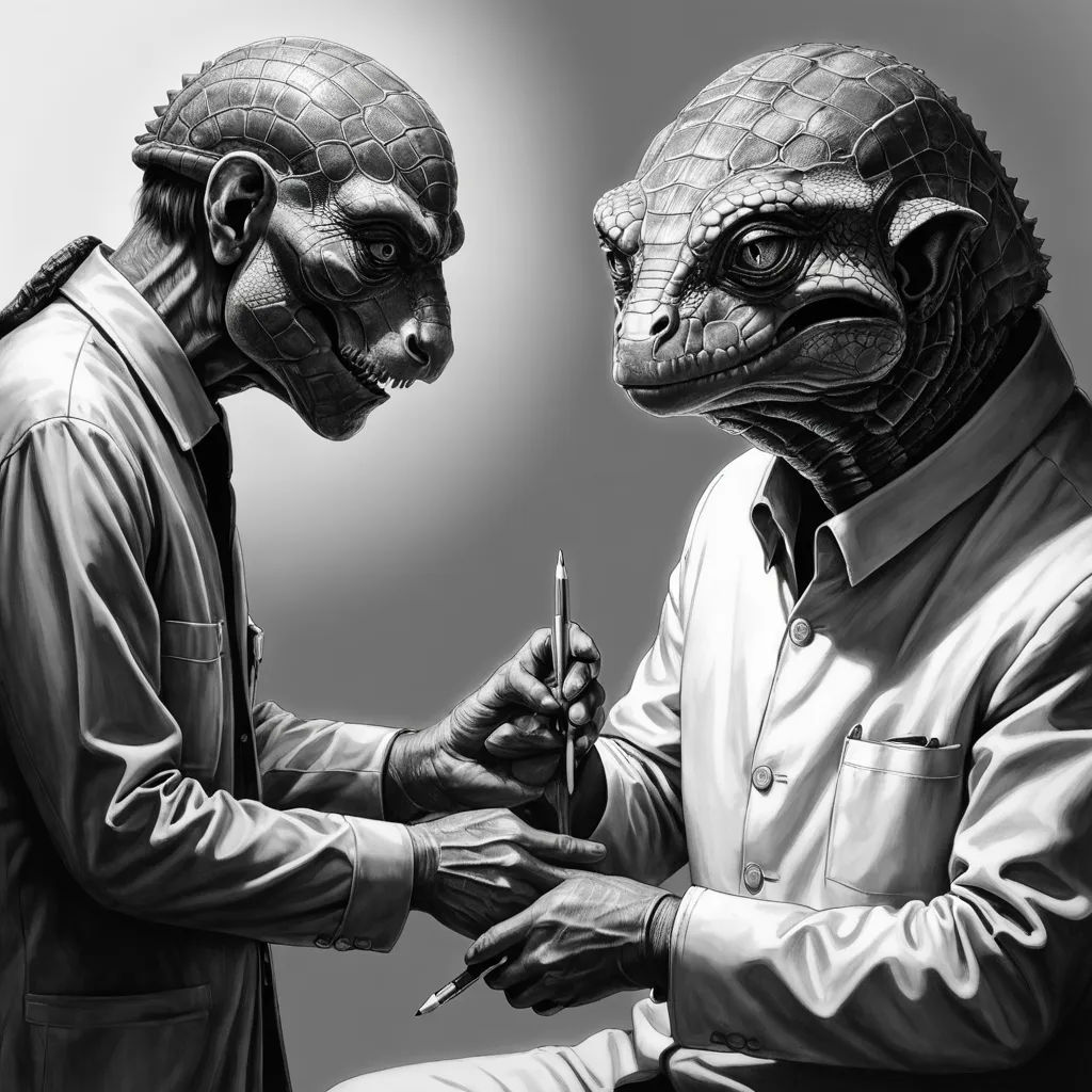 a drawing of two people with alien heads on their faces, one holding a pen and the other holding a cigarette, massurrealism, an ultrafine detailed painting, Dan Hillier, highly detailed digital painting
