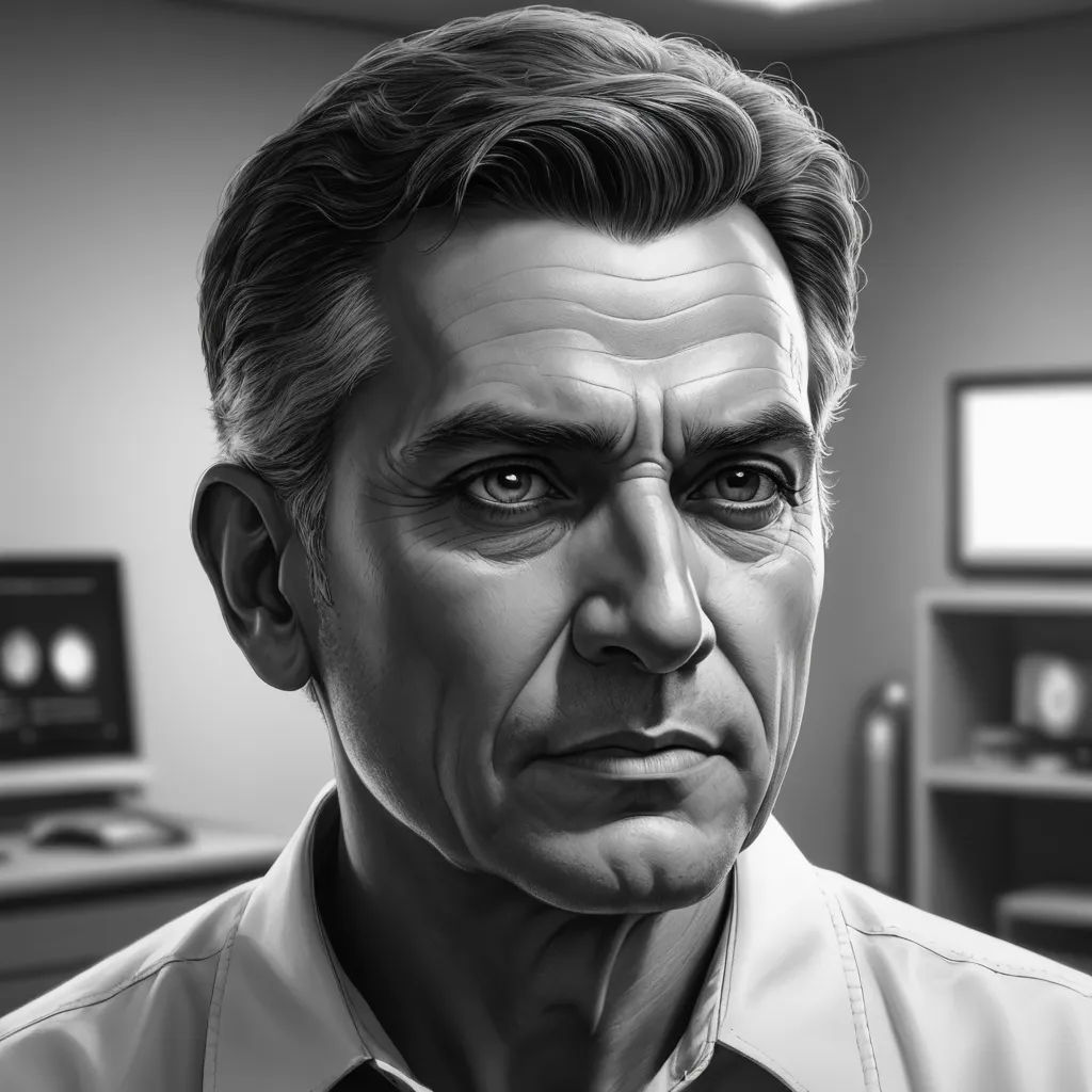 a man in a white shirt and tie in a room with a computer monitor and a keyboard on the wall, photorealism, an ultrafine detailed painting, Bedwyr Williams, realistic shaded perfect face