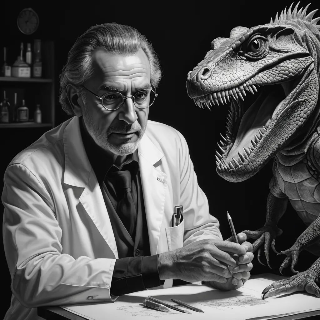 a man in a lab coat writing in front of a dinosaur statue with a pen and paper in his hand, photorealism, an ultrafine detailed painting, Adam Rex, matte drawing