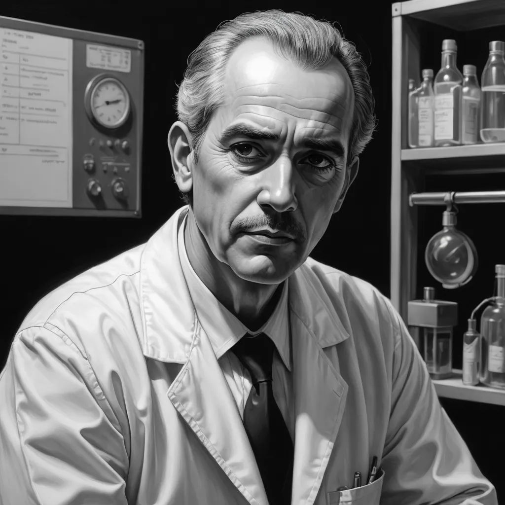 a man in a lab coat and tie in front of a shelf of bottles and a clock on the wall, photorealism, an ultrafine detailed painting, Edwin Georgi, hyper realistic face