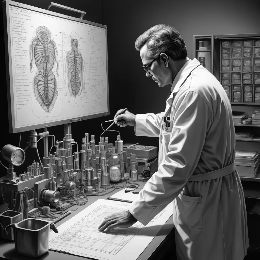 a man in a lab coat looking at a table with bottles and a microscope on it and a poster behind him, assemblage, a detailed matte painting, Évariste Vital Luminais, anatomical