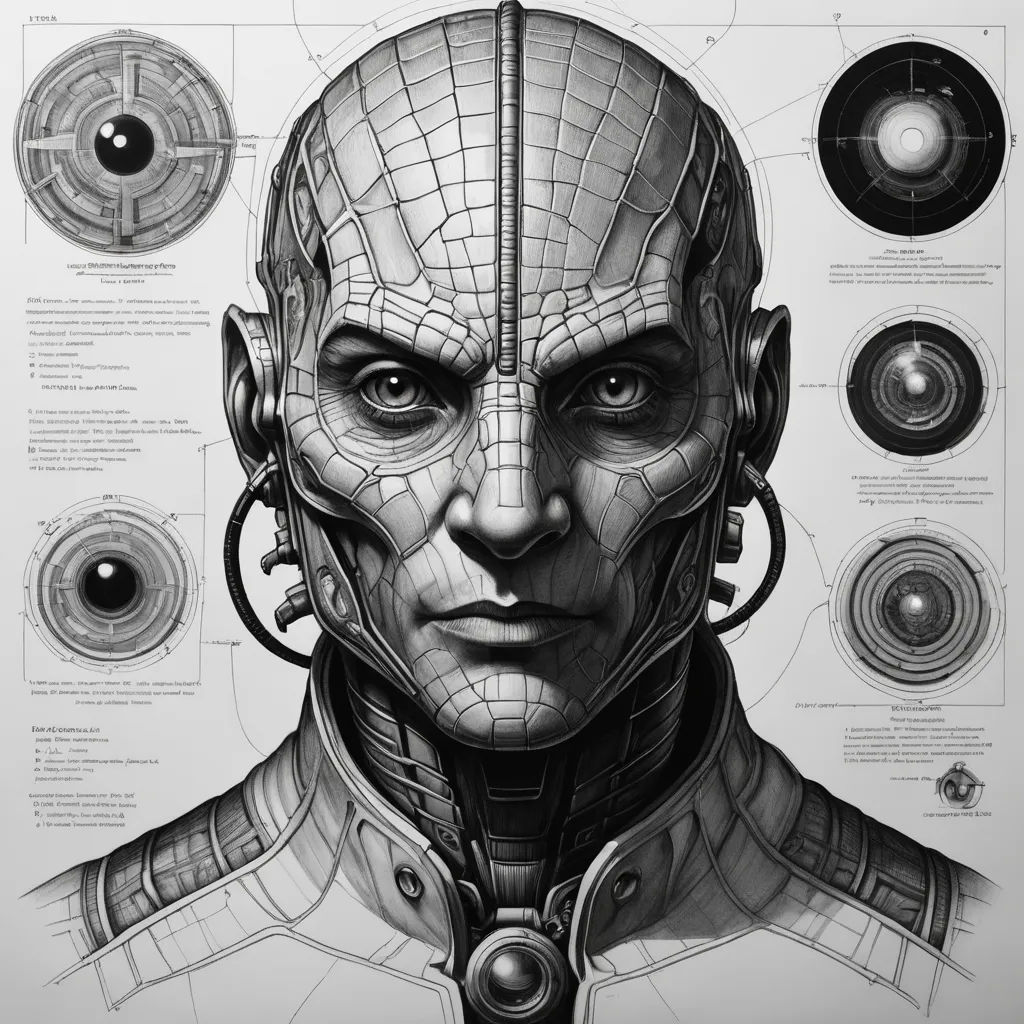 a drawing of a man's head with various parts of the face and body in it, including circles and circles, neo-figurative, a character portrait, Android Jones, conceptart