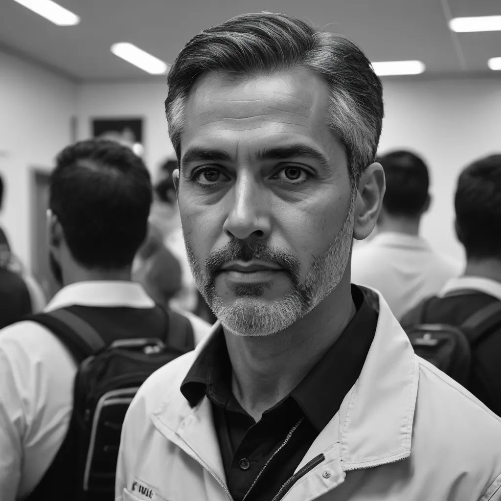 a man with a beard and a white shirt is standing in a room full of other men and looking at the camera, arbeitsrat für kunst, a black and white photo, Ahmed Karahisari, vfx