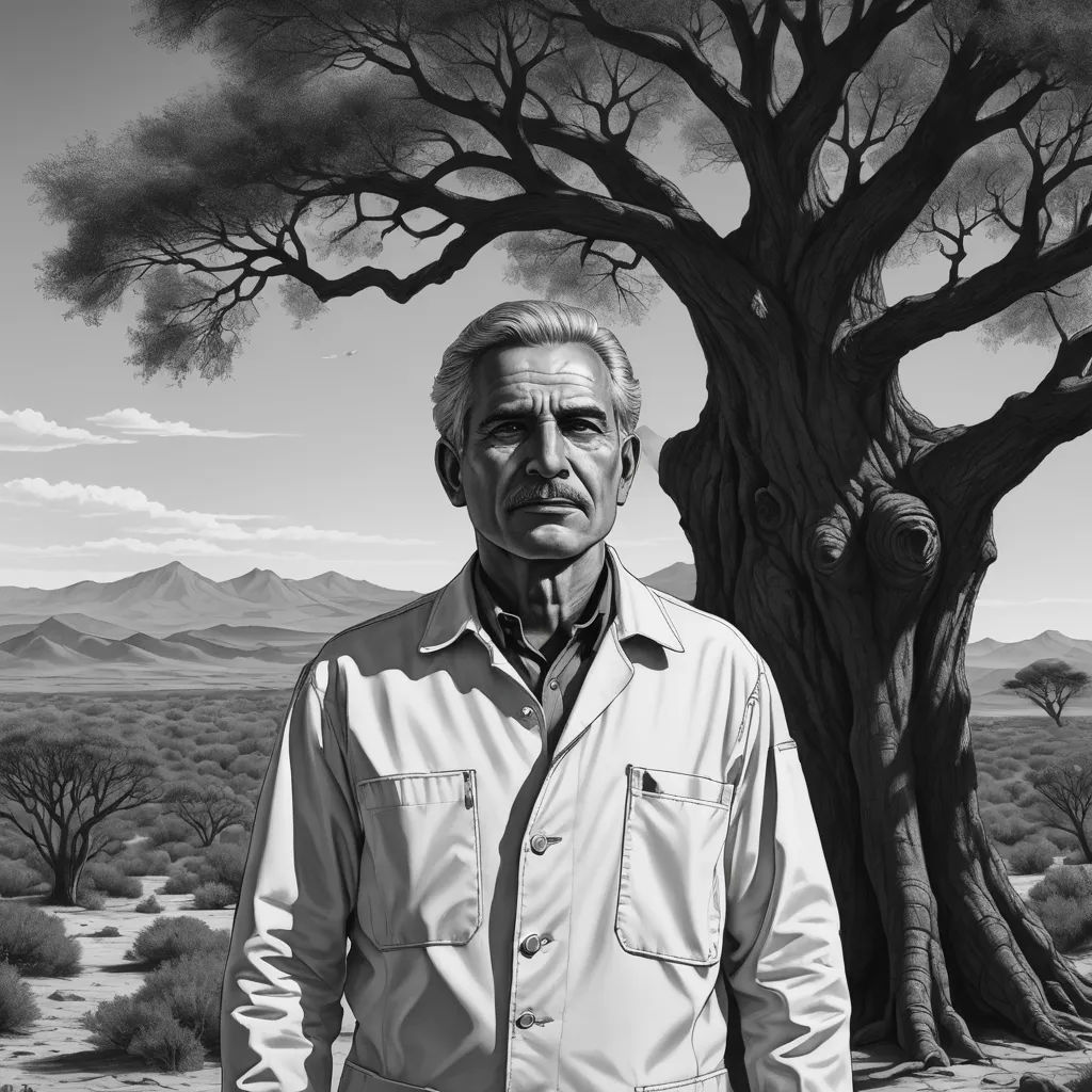 a man standing in front of a tree in a desert landscape with mountains in the background and a sky with clouds, primitivism, an ultrafine detailed painting, Carel Willink, extremely detailed oil painting
