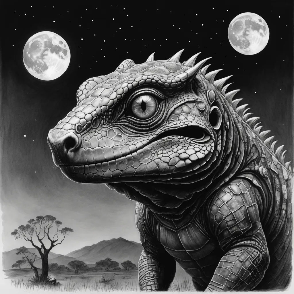 a drawing of a large lizard with a full moon in the background and trees in the foreground, and a tree in the foreground, massurrealism, an ultrafine detailed painting, Dan Hillier, highly detailed digital art