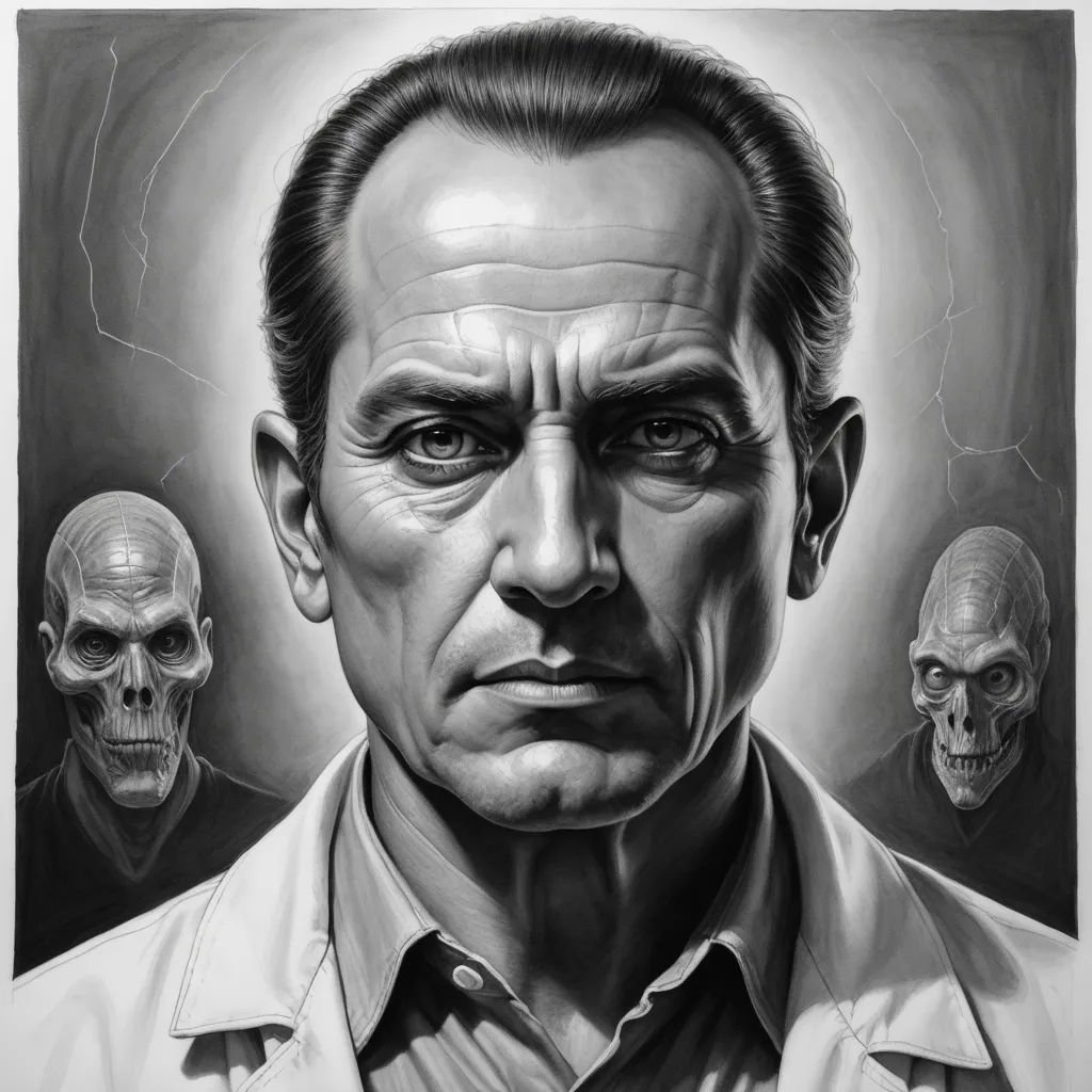 a drawing of a man with three skulls behind him and a man in the background with a skull head, precisionism, an ultrafine detailed painting, Aaron Jasinski, pj crook