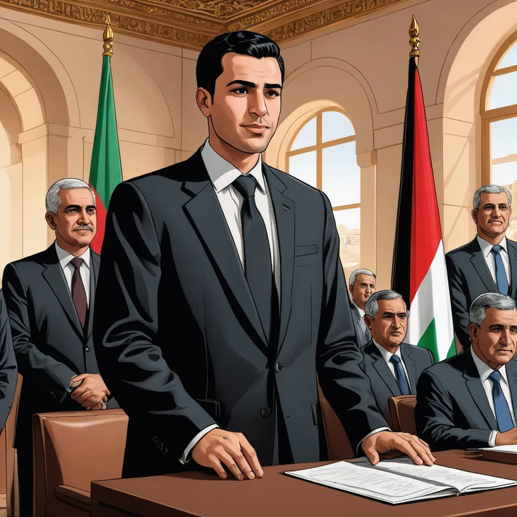 a man in a suit standing in front of a table with papers and flags behind him and a group of men in suits behind him, les automatistes, a comic book panel, Altoon Sultan, official art