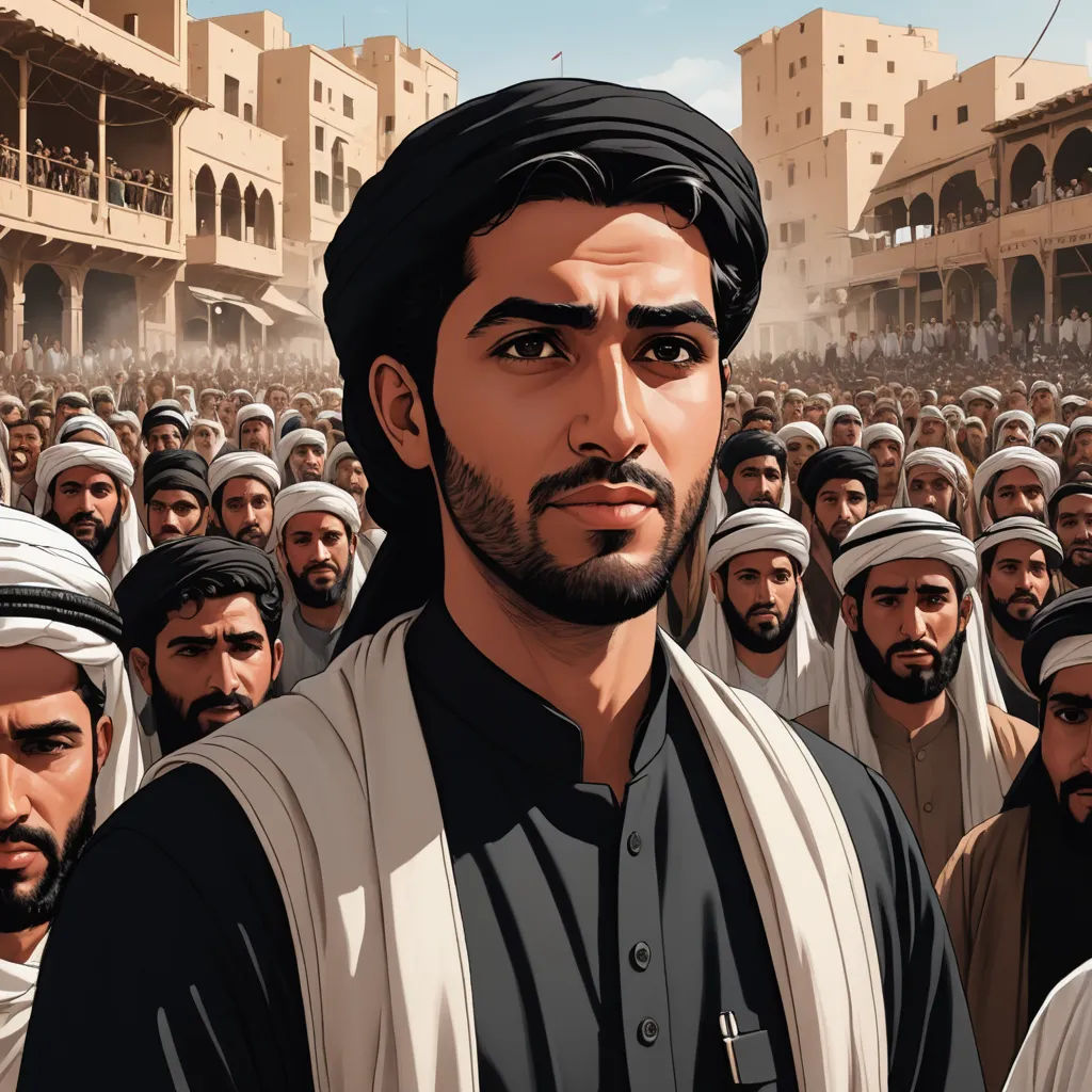 a man in a crowd of men in a city with a sky background and a building with a clock, hurufiyya, a character portrait, Altoon Sultan, official art