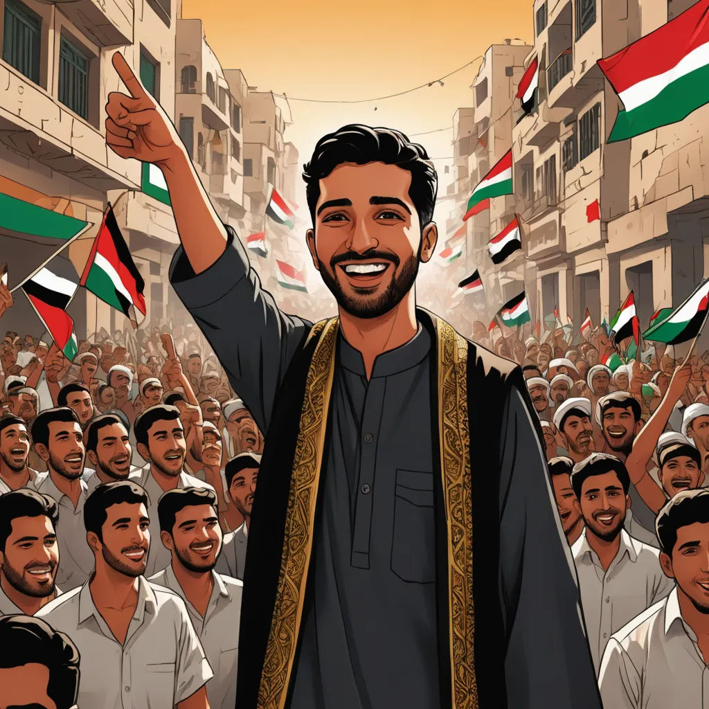 a man with a beard and a beard standing in front of a crowd of people holding flags in his hands, unilalianism, a storybook illustration, Altoon Sultan, official art