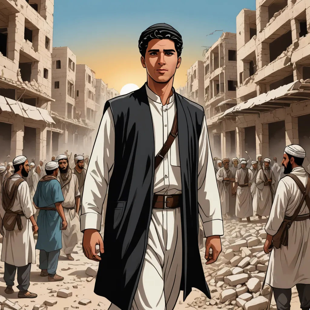 a man in a black vest and a white shirt is standing in a rubble area with a group of men in the background, serial art, a comic book panel, Asaf Hanuka, graphic novel