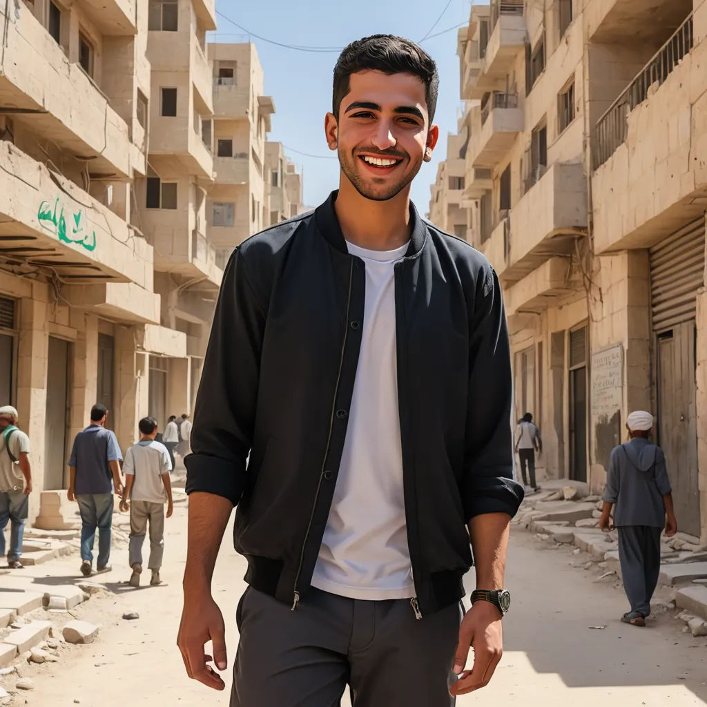 a man standing in a street with a building in the background and people walking around him in the distance, hurufiyya, a character portrait, Ahmed Karahisari, promotional image