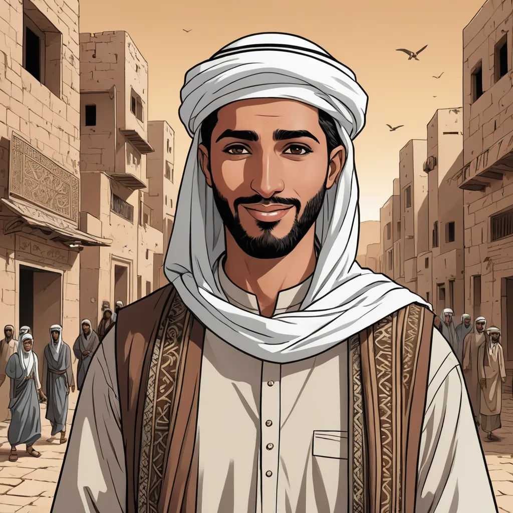 a man in a white headdress standing in a street with people walking around him and a bird flying overhead, hurufiyya, a character portrait, Altoon Sultan, graphic novel