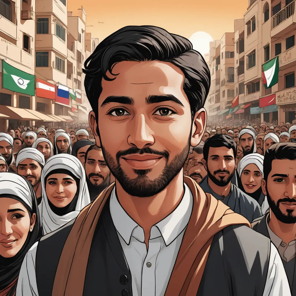 a man with a beard and a beard standing in front of a crowd of people in a city with flags, unilalianism, a character portrait, Amir Zand, graphic novel