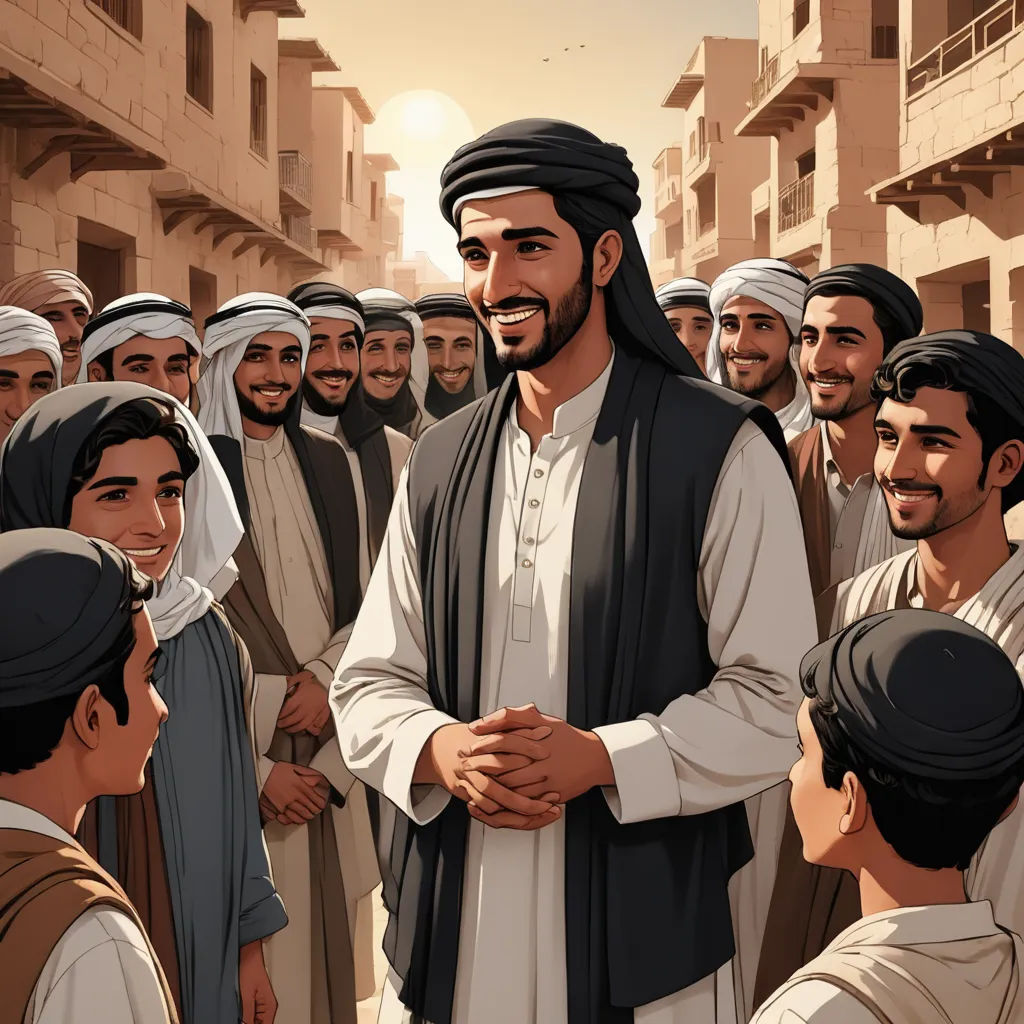 a man in a crowd of men standing around each other in a courtyard of a building with a man in a black turban, hurufiyya, a comic book panel, Amir Zand, official art