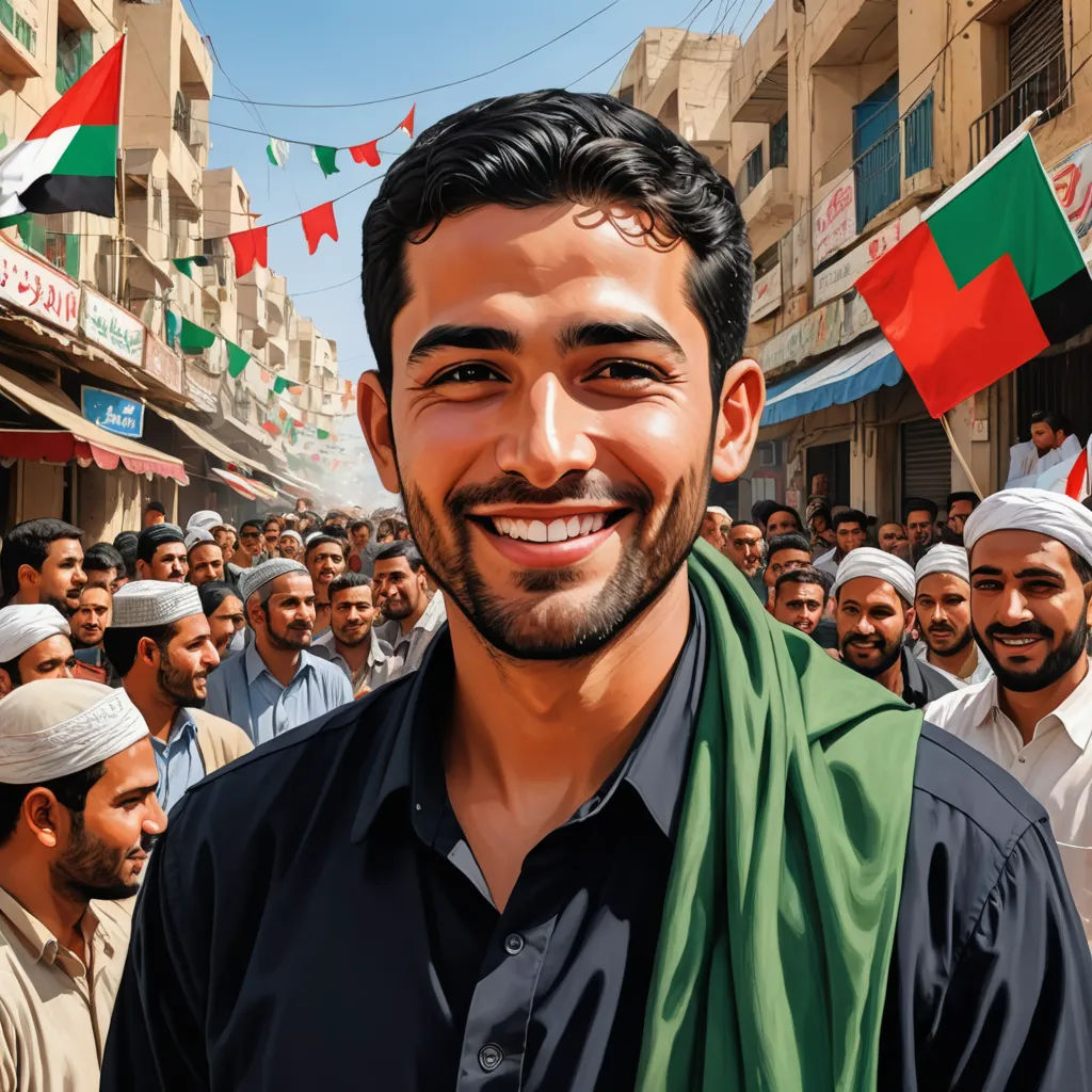 a man with a beard and a scarf around his neck smiling in front of a crowd of men in a street, hurufiyya, a stock photo, Ahmed Karahisari, extremely detailed oil painting