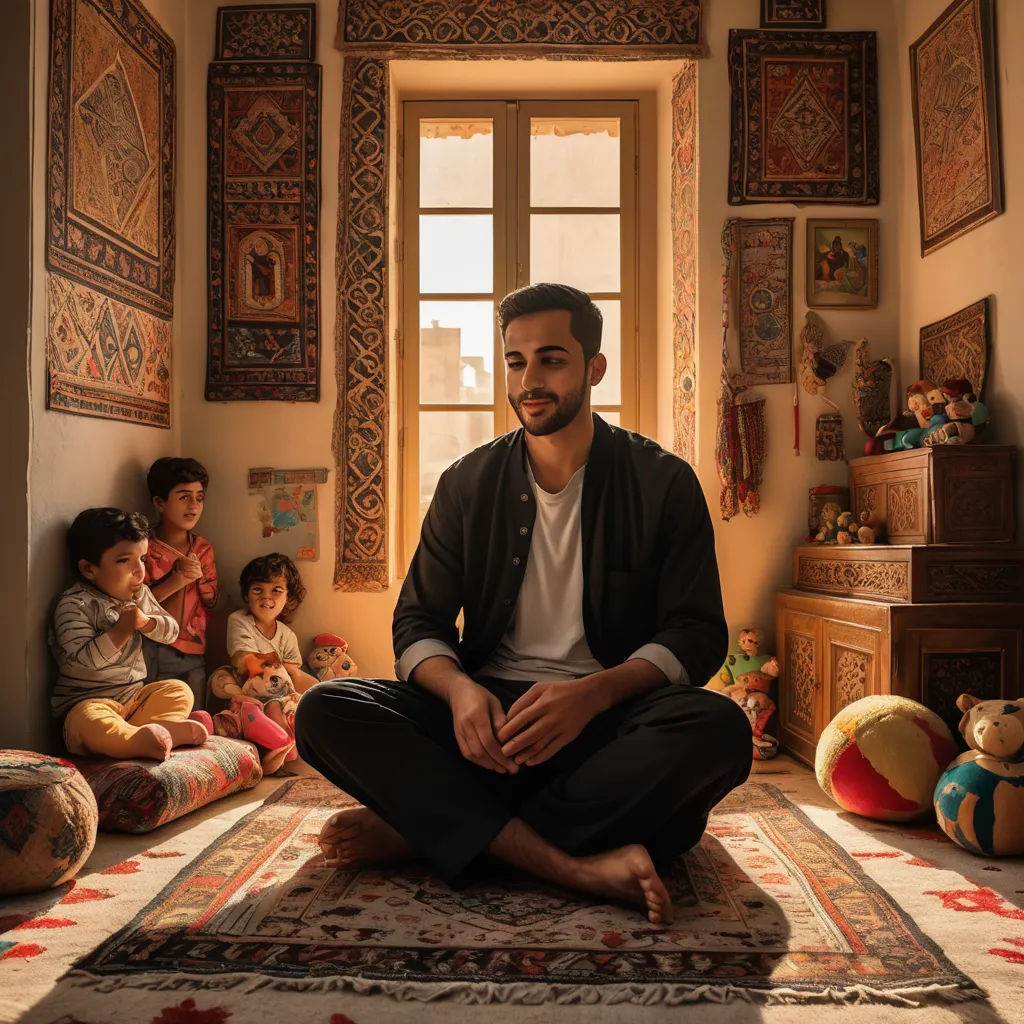 a man sitting on a rug in a room with other children around him and a window in the background, qajar art, a storybook illustration, Amir Zand, cinematic photography