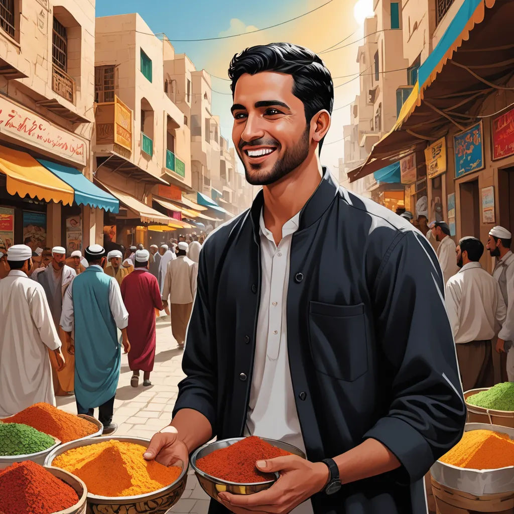 a man holding a bowl of food in front of a crowd of people on a street corner with a building in the background, hurufiyya, a storybook illustration, Amir Zand, official art