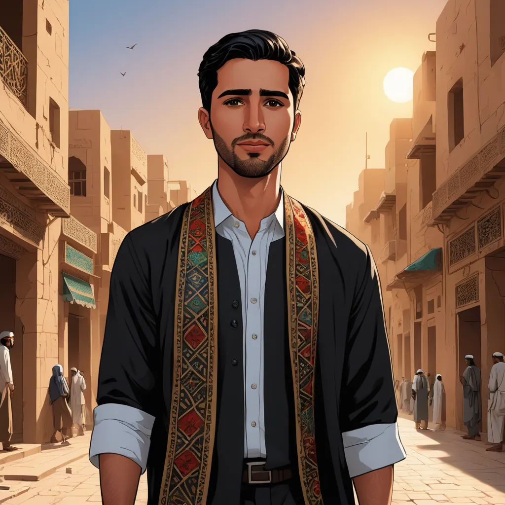 a man in a black shirt and a scarf standing in a street with a building in the background and a sun in the sky, serial art, a character portrait, Amir Zand, character portrait
