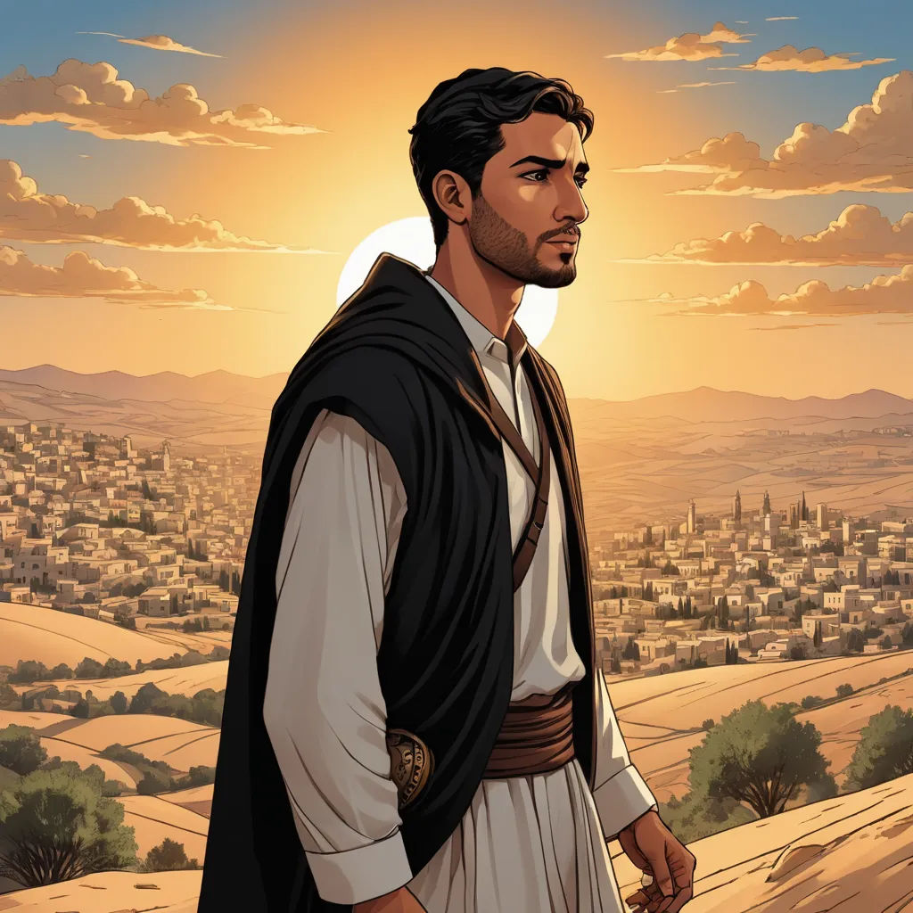 a man in a desert with a city in the background and a sunset in the background, with a man in a black robe and a brown belt, hurufiyya, a character portrait, Altoon Sultan, graphic novel