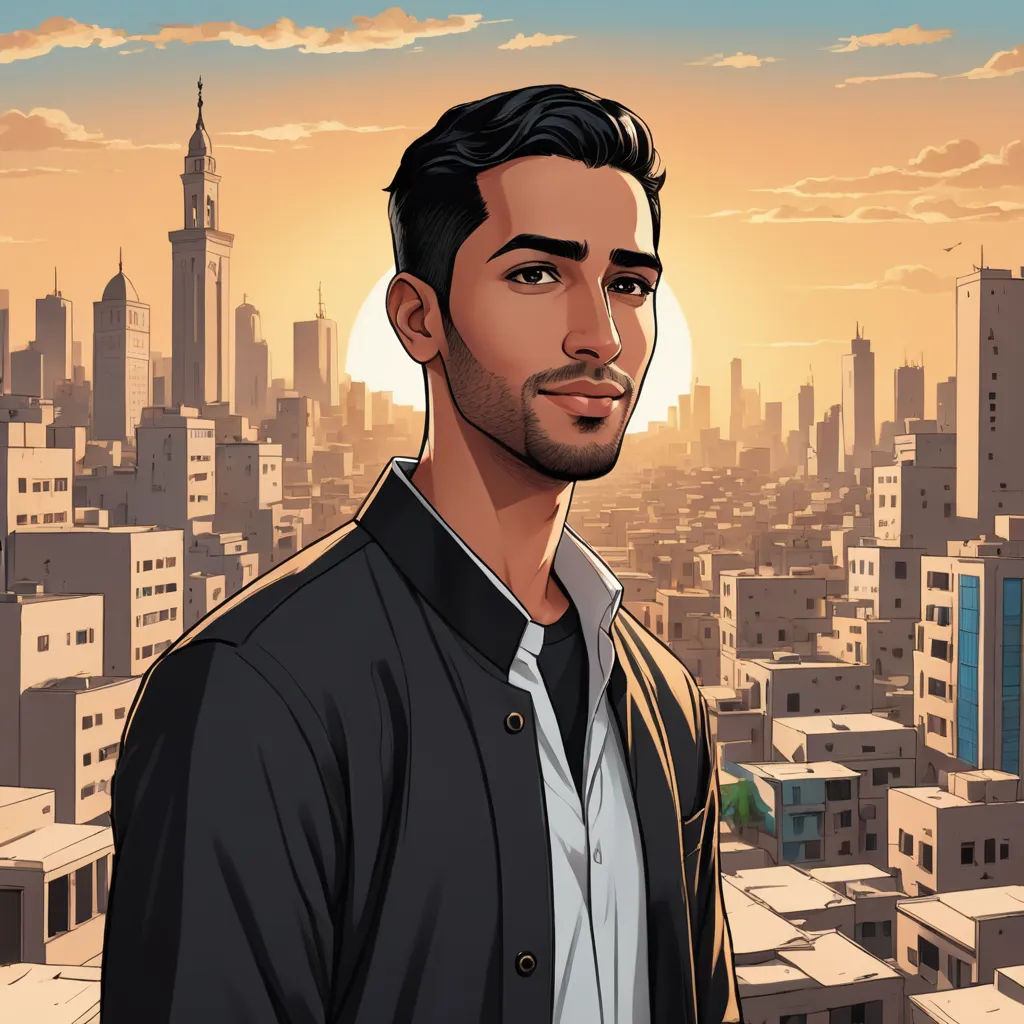 a man in a black jacket and white shirt standing in front of a cityscape with a sunset, serial art, a character portrait, Ahmed Karahisari, official art