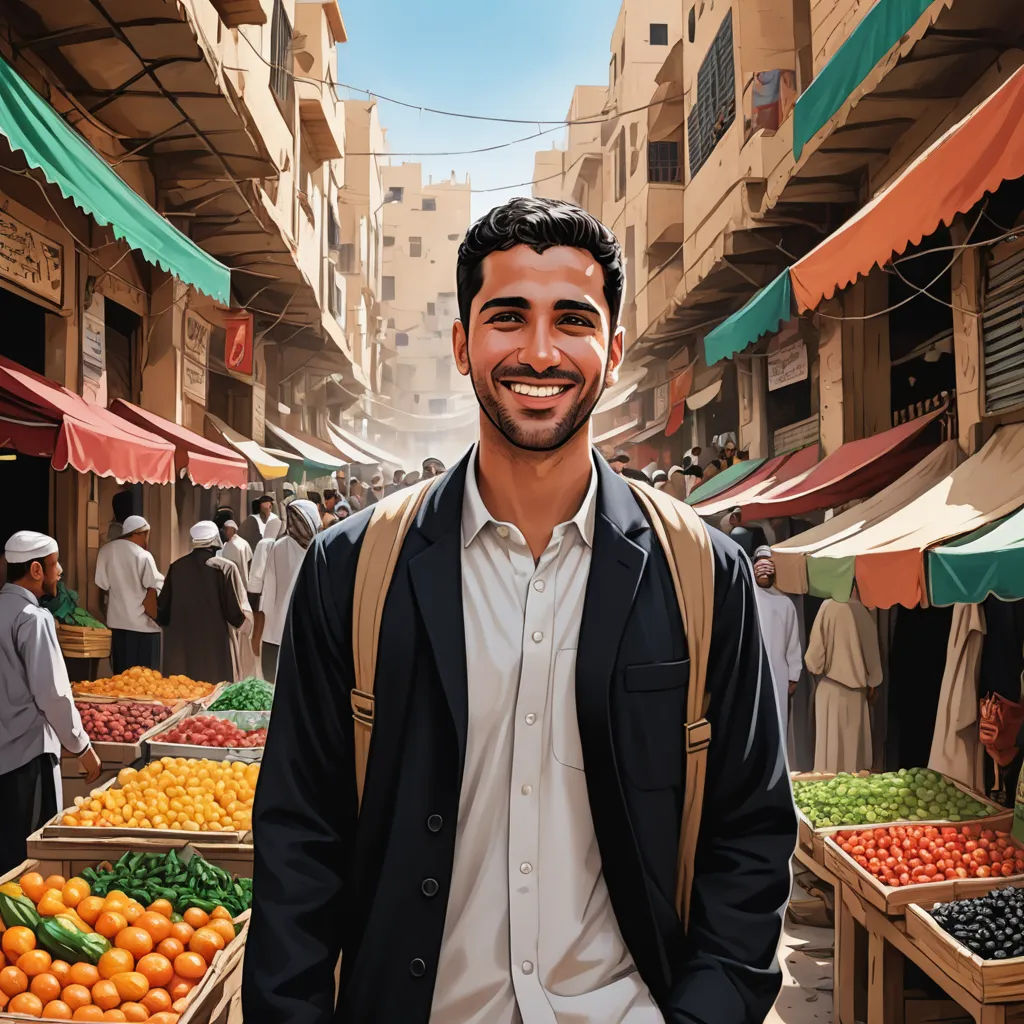 a man standing in front of a fruit stand in a city street market area with lots of fruit on display, photorealism, a photorealistic painting, Amir Zand, highly detailed digital painting