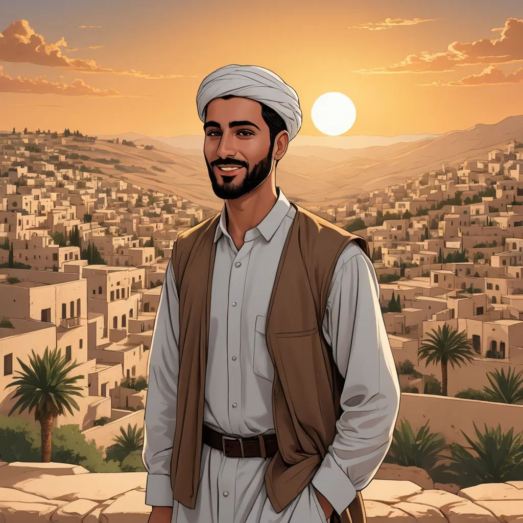 a man in a turban standing in front of a cityscape with palm trees and a sunset, serial art, a character portrait, Ahmed Karahisari, graphic novel