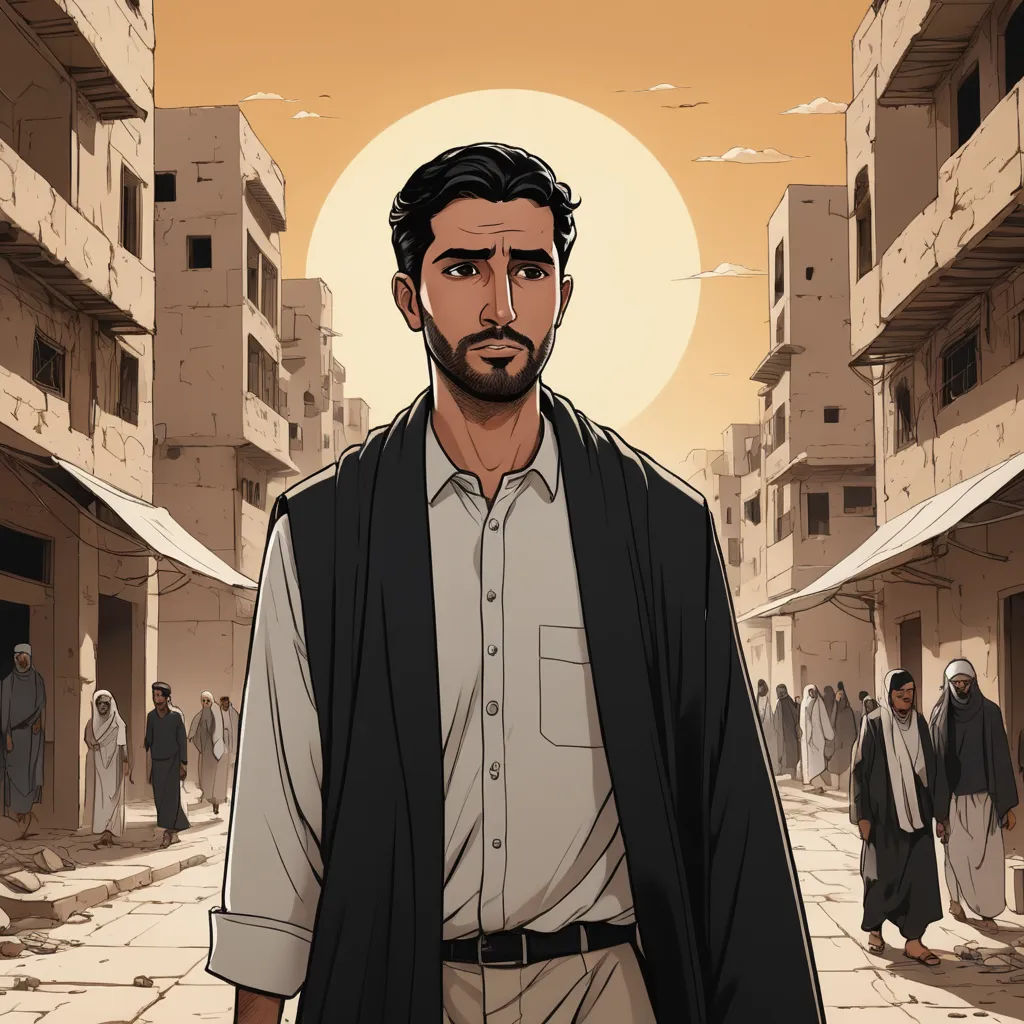 a man in a black vest and a white shirt is standing in a street with people walking around him, serial art, a character portrait, Asaf Hanuka, graphic novel