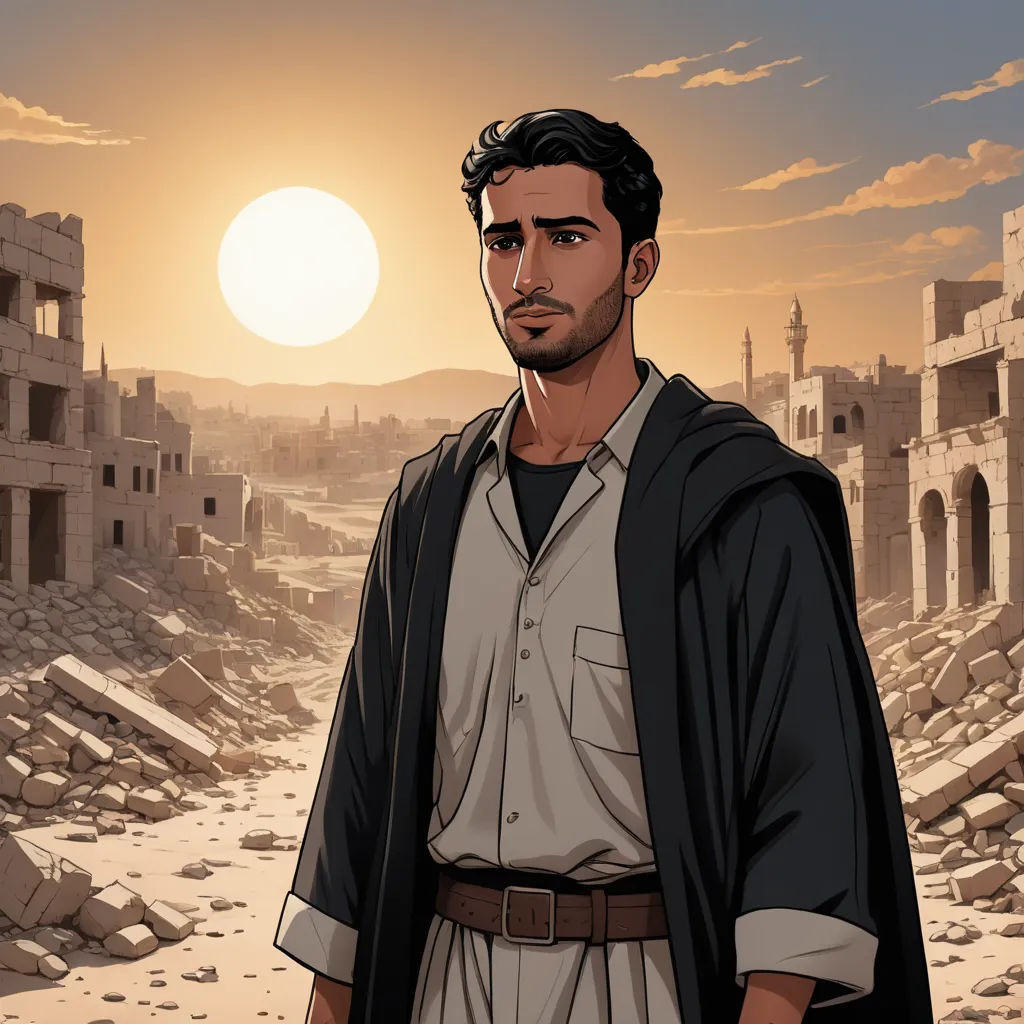 a man in a desert with a city in the background and a sun in the sky above him, with a desert landscape in the background, serial art, a character portrait, Asaf Hanuka, official art