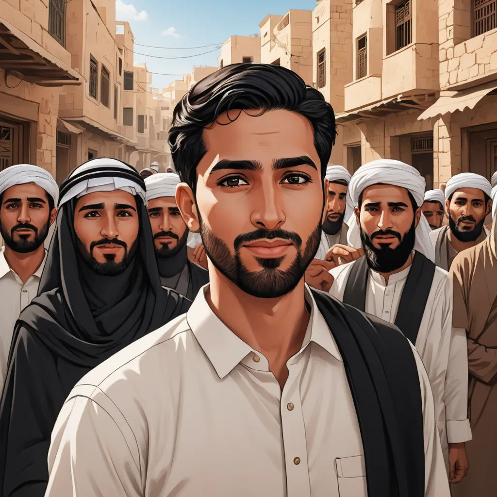 a man with a beard and a white shirt is surrounded by a group of men in a street in a city, serial art, a character portrait, Amir Zand, graphic novel