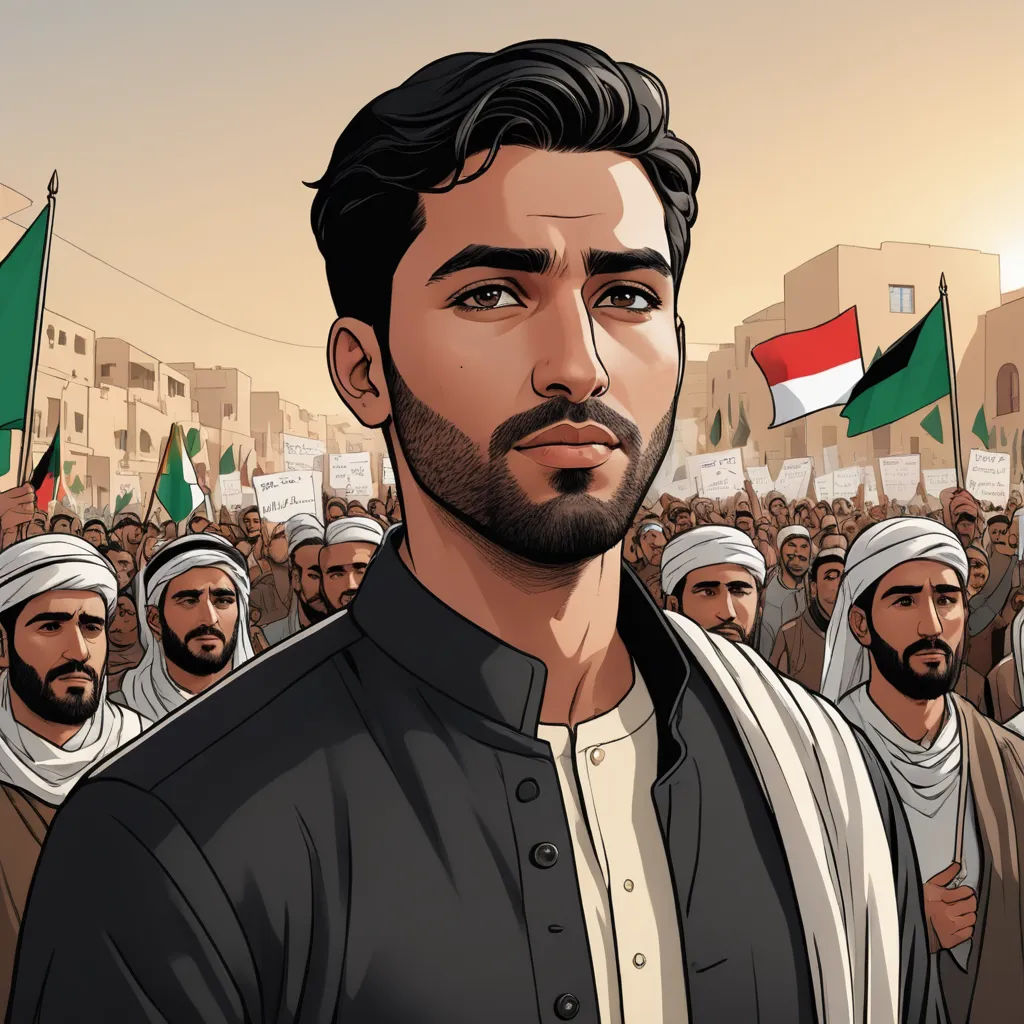 a man with a beard and a black shirt in front of a crowd of people with flags on their heads, hurufiyya, a comic book panel, Amir Zand, graphic novel