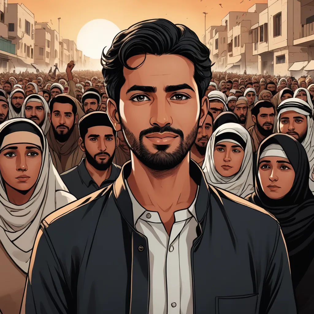 a man standing in front of a crowd of people in a city with a sunset in the background and a man with a beard, serial art, a comic book panel, Amir Zand, graphic novel