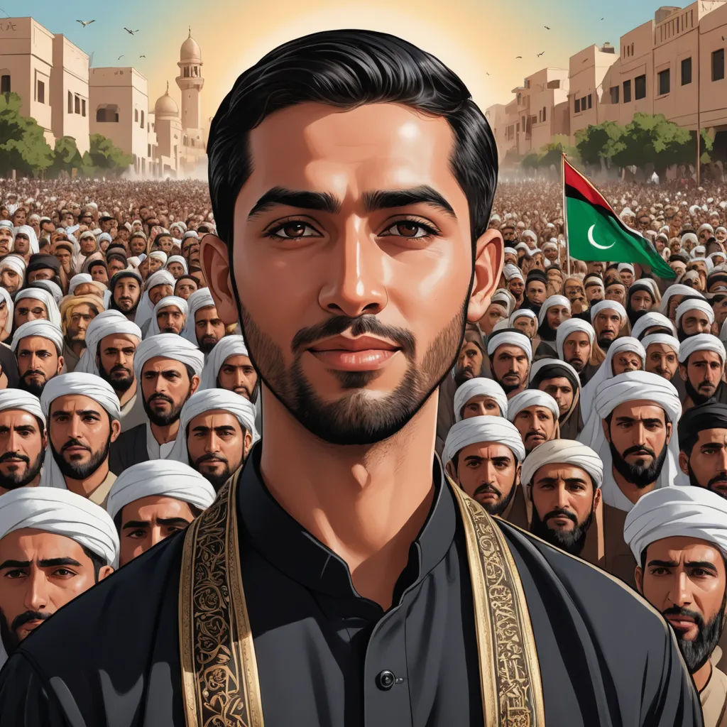 a man with a beard and a black shirt in front of a crowd of men in black and white, unilalianism, digital art, Amir Zand, official art