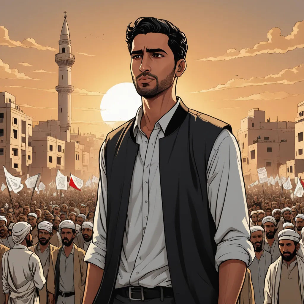 a man standing in front of a crowd of people in a city with a tall building in the background, serial art, a comic book panel, Asaf Hanuka, graphic novel