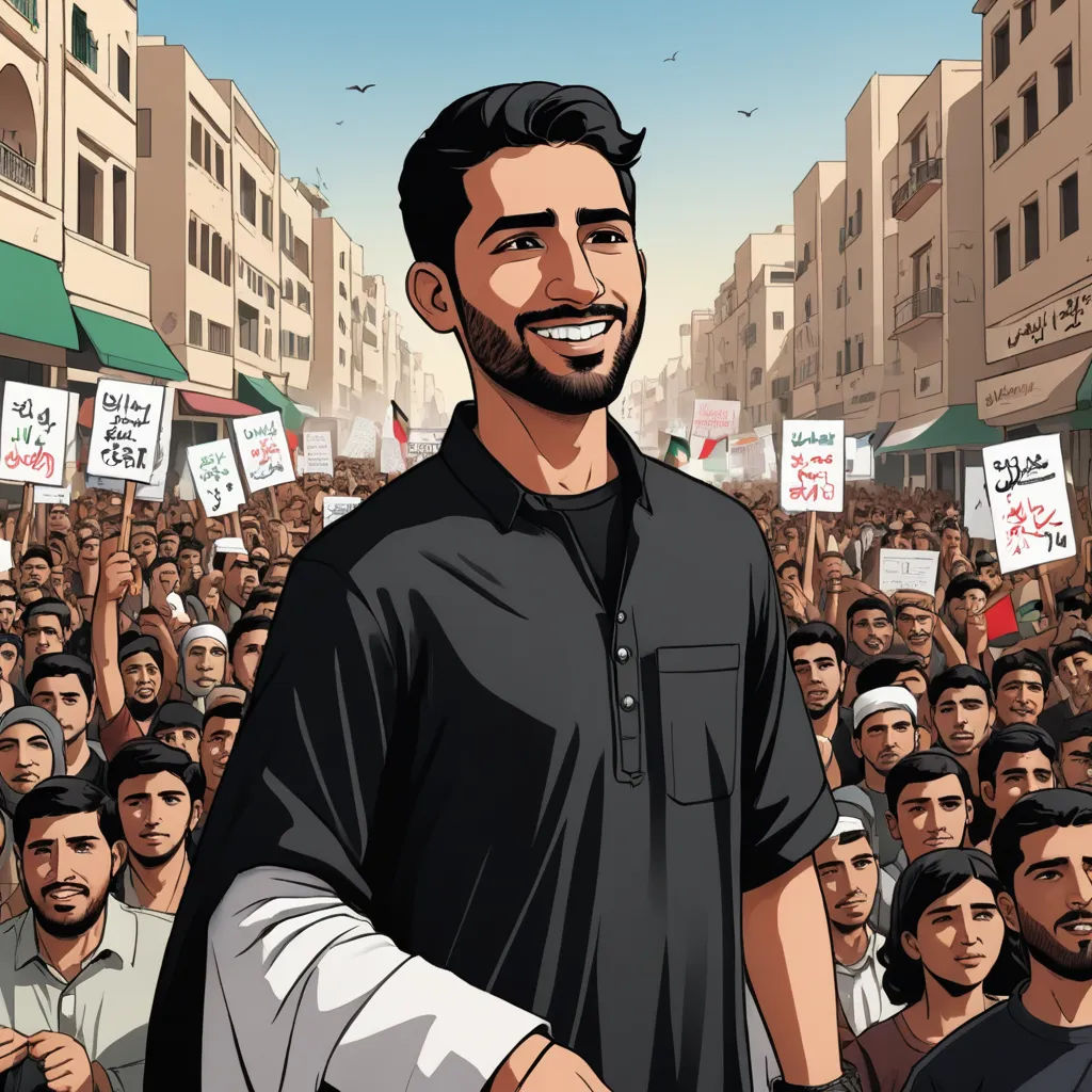 a man standing in front of a crowd of people holding signs and a microphone in his hand with a smile on his face, socialist realism, a comic book panel, Altoon Sultan, graphic novel
