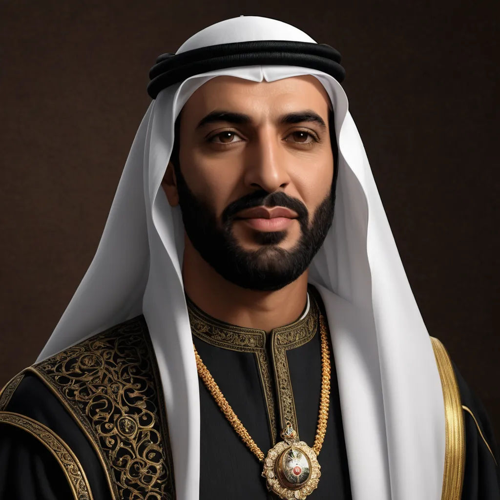 a man in a black and gold outfit with a beard and a gold necklace and a gold and white necklace, hurufiyya, a character portrait, Altoon Sultan, photorealistic portrait