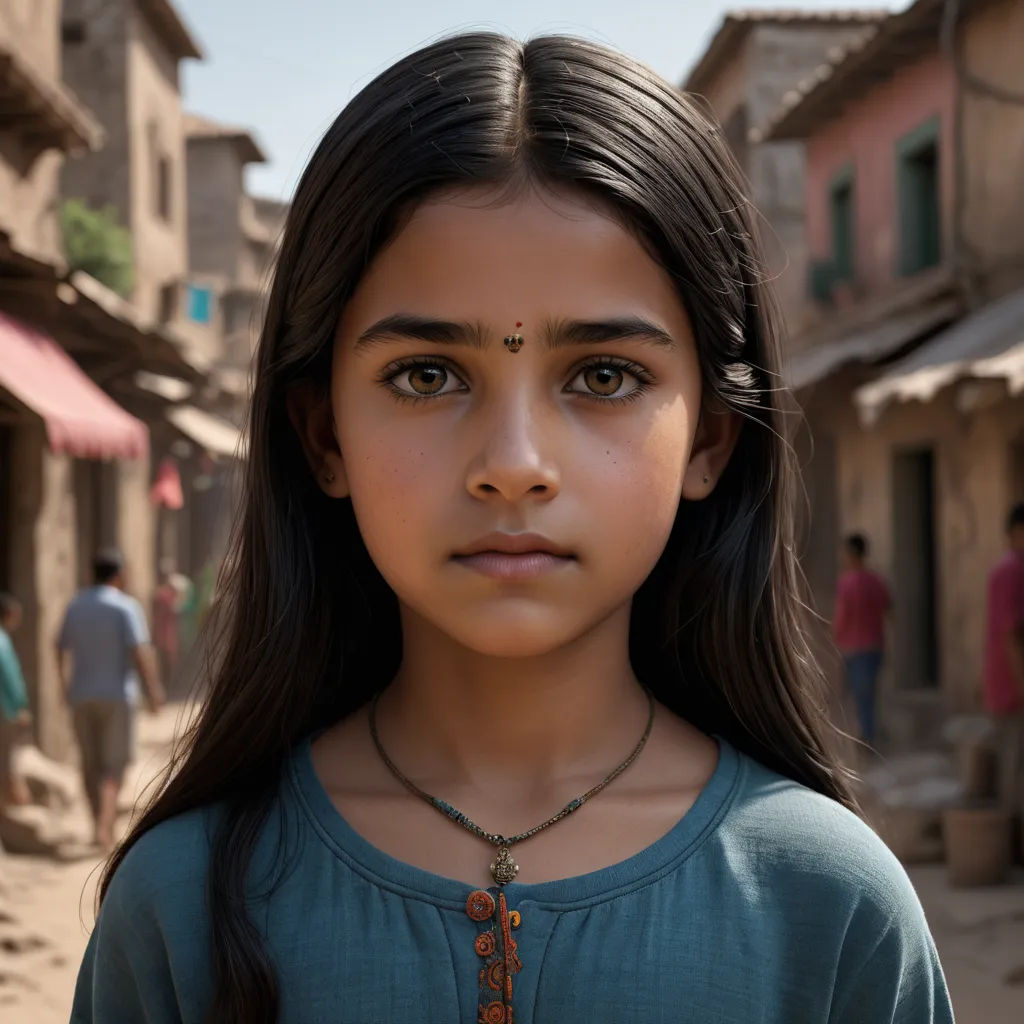 a young girl with a necklace on her neck in a village in india, looking at the camera with a serious look on her face, samikshavad, a character portrait, Ella Guru, maya