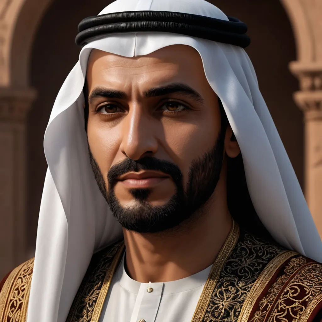 a man in a white and gold outfit with a beard and a black and white headband is looking at the camera, hurufiyya, a photorealistic painting, Altoon Sultan, ultra realistic digital art