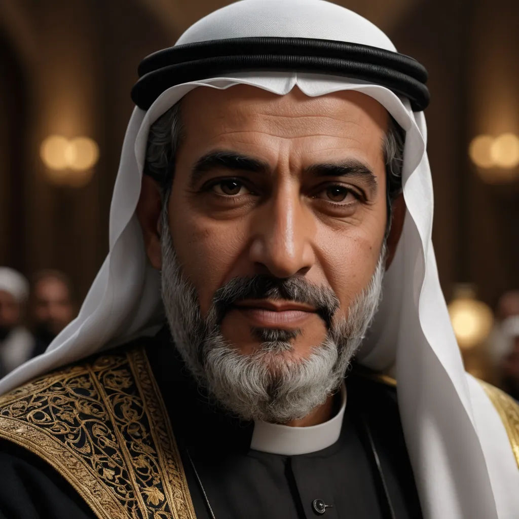 a man in a white and black outfit with a beard and a white headdress is looking at the camera, hurufiyya, a character portrait, Altoon Sultan, vfx