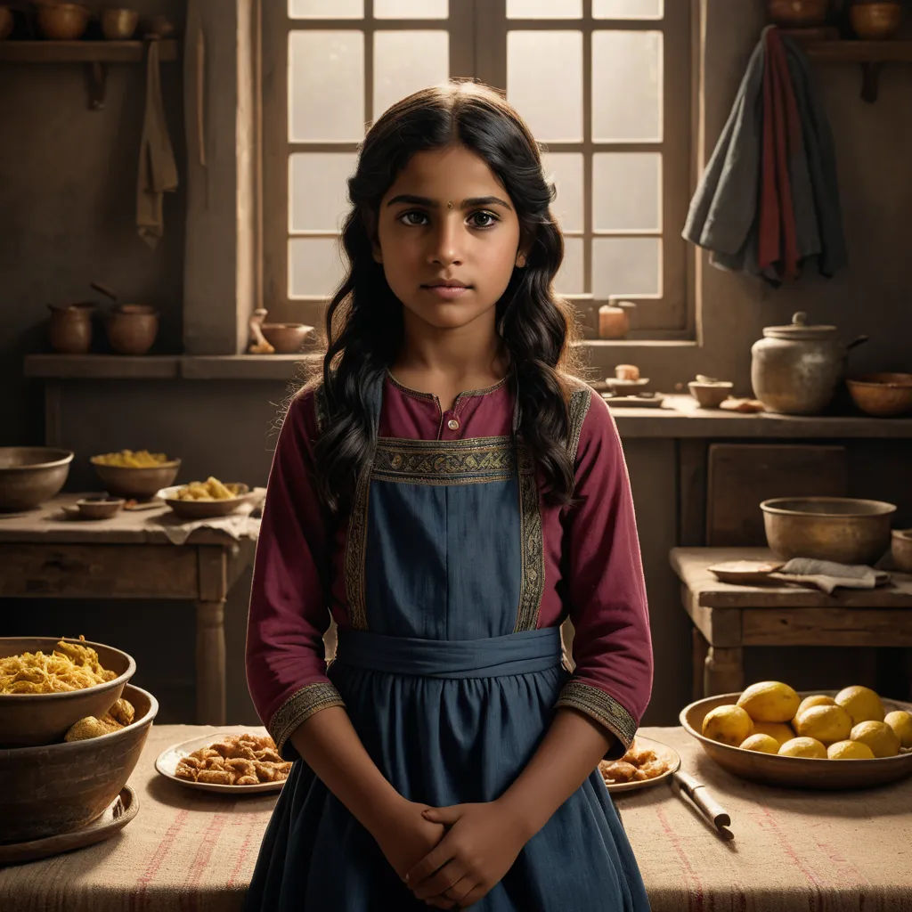 a young girl standing in front of a table full of food and a window with a curtain behind her, renaissance, a character portrait, Anne Said, promotional image
