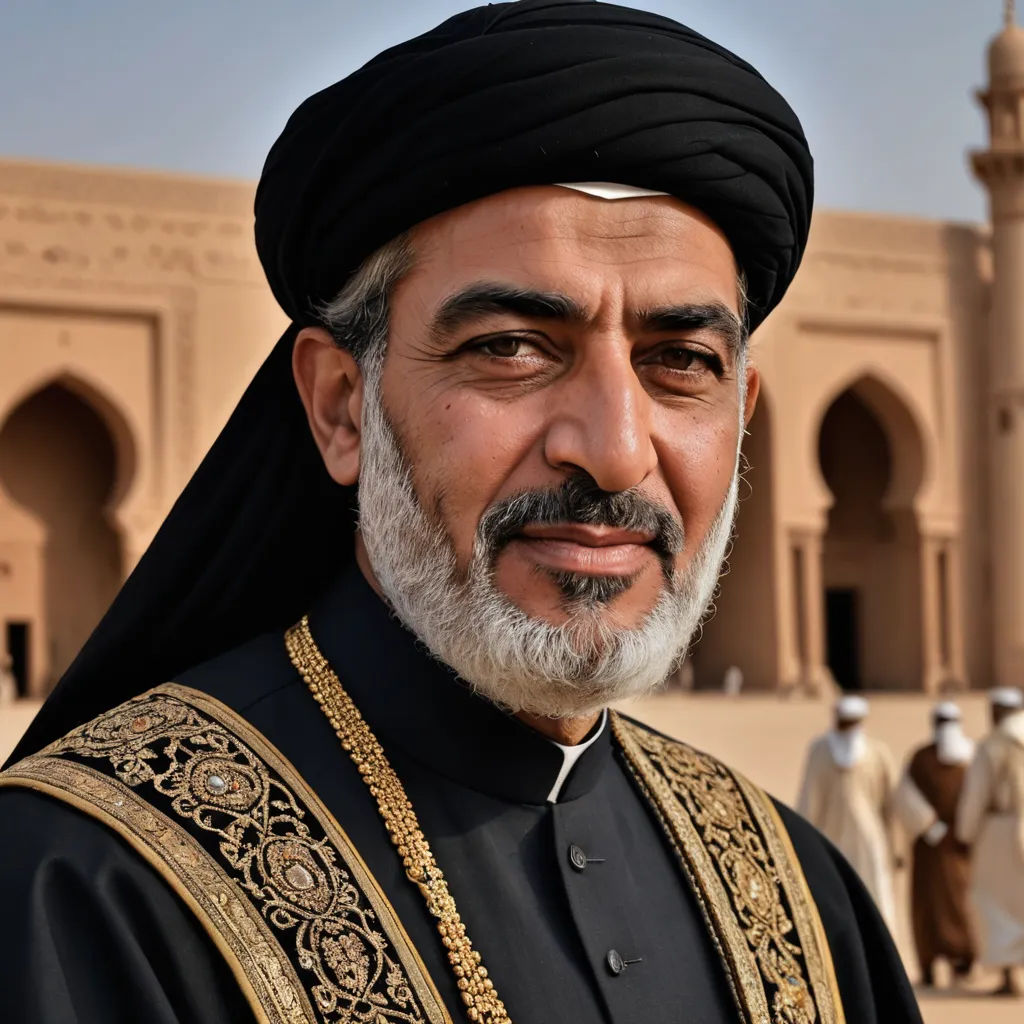 a man in a turban and a black outfit in front of a building with a clock tower, hurufiyya, a character portrait, Abdullah Gërguri, ultra wide angle