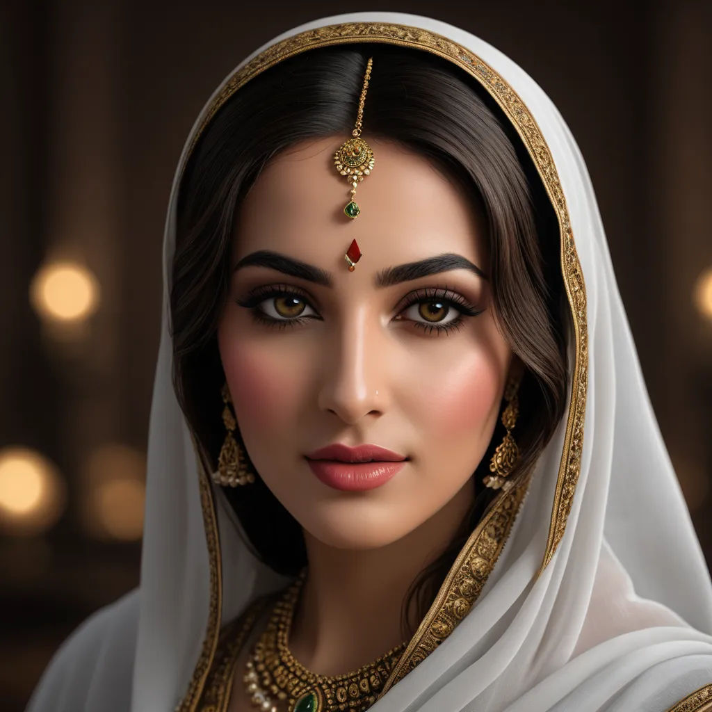 a woman in a white veil and gold jewelry is wearing a white veil and gold jewelry is wearing a gold and green necklace, qajar art, a photorealistic painting, Ella Guru, highly detailed digital painting