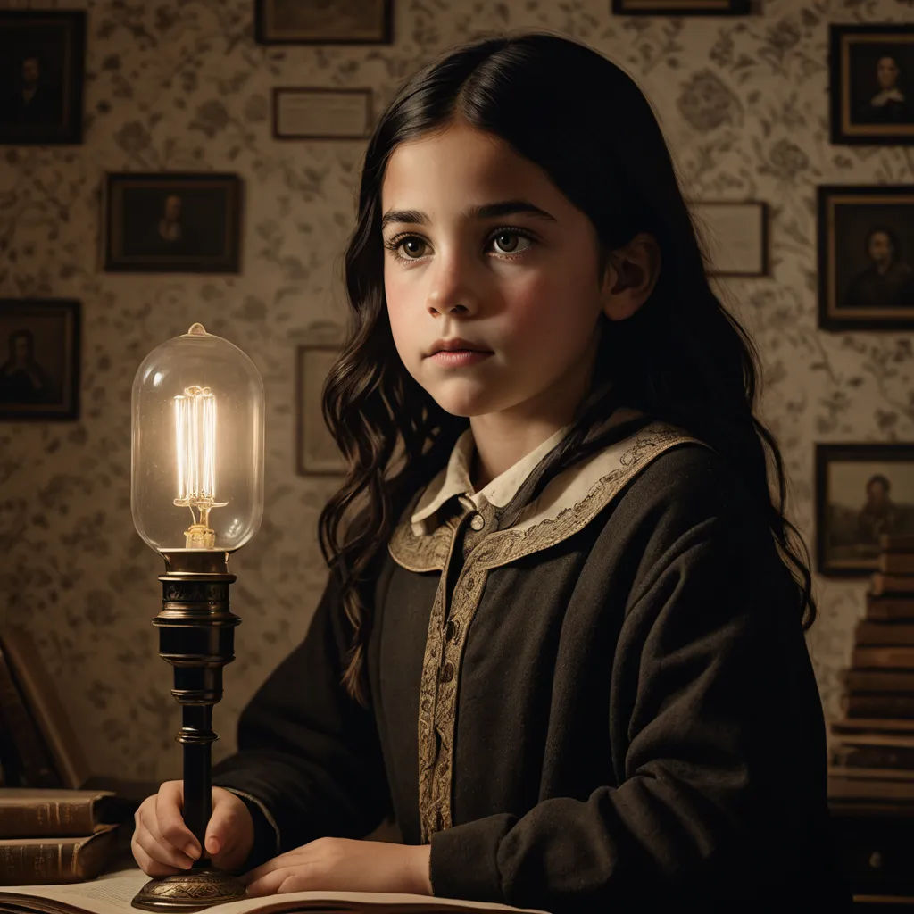 a young girl sitting at a table with a lamp on it's head and a book in front of her, arts and crafts movement, a photorealistic painting, Brad Kunkle, promotional image