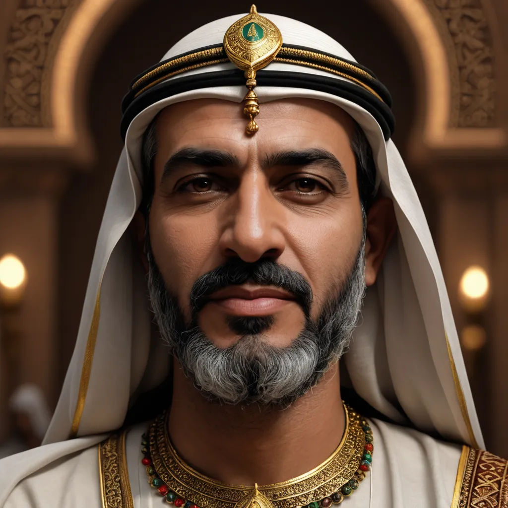 a man in a white and gold outfit with a beard and a gold necklace and a gold and green necklace, hurufiyya, a character portrait, Altoon Sultan, ultra realistic faces